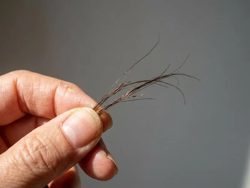 Fios de cabelo finos e quebradiços entre os dedos